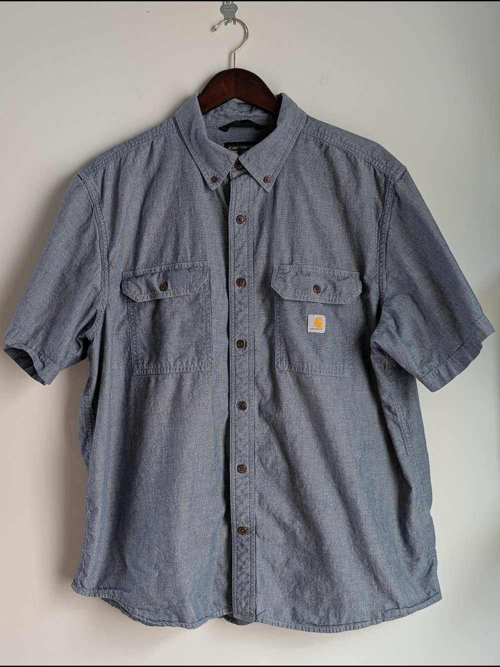 Carhartt Men's XL Loose Fit Short Sleeve Button Down Shirt Chambray Blue Cotton